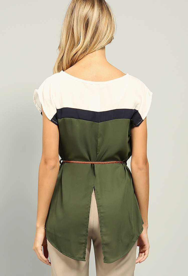 Colorblock Belted Chiffon Top