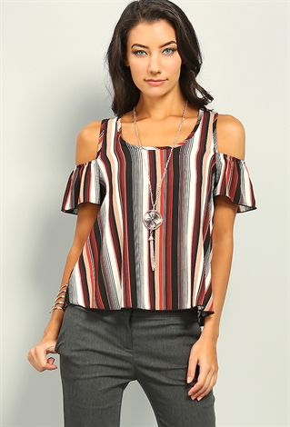 Striped Chiffon Open Shoulder Top W/ Necklace