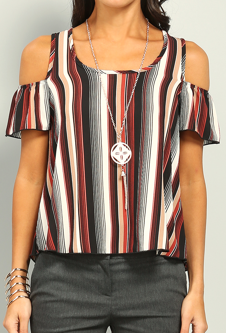 Striped Chiffon Open Shoulder Top W/ Necklace