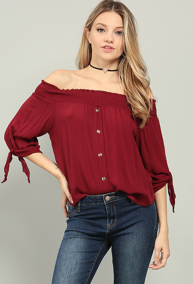 Buttoned Off-The-Shoulder Top 