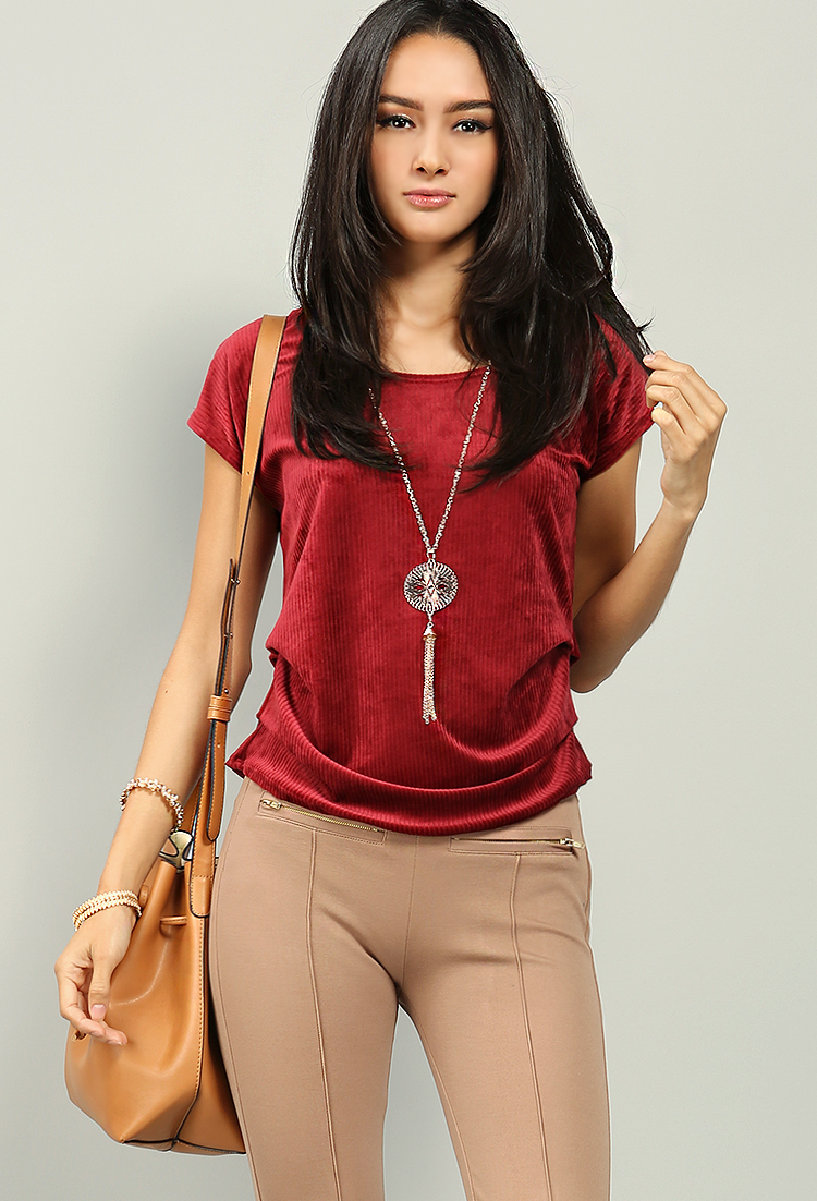 Ribbed Velvet Ruched Top W/Necklace