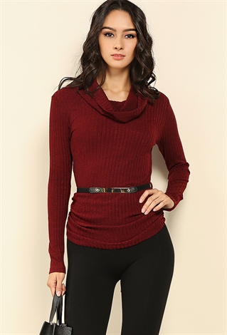 Belted Cowl Neck Knit Top
