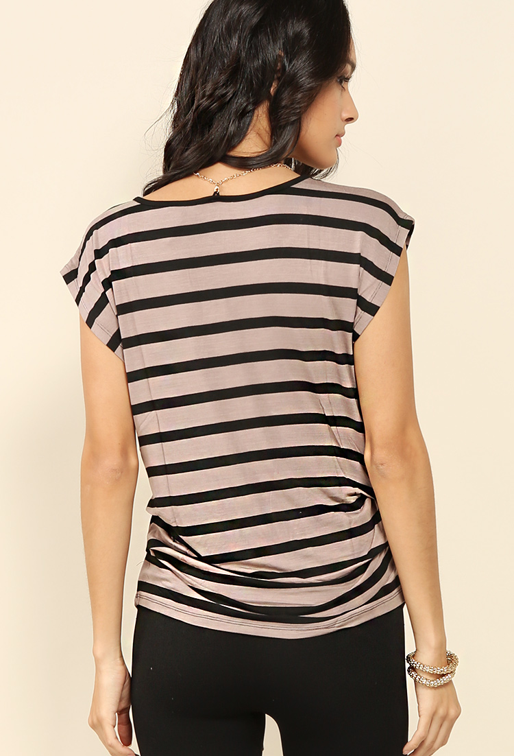Striped Button Accented Top W/ Necklace