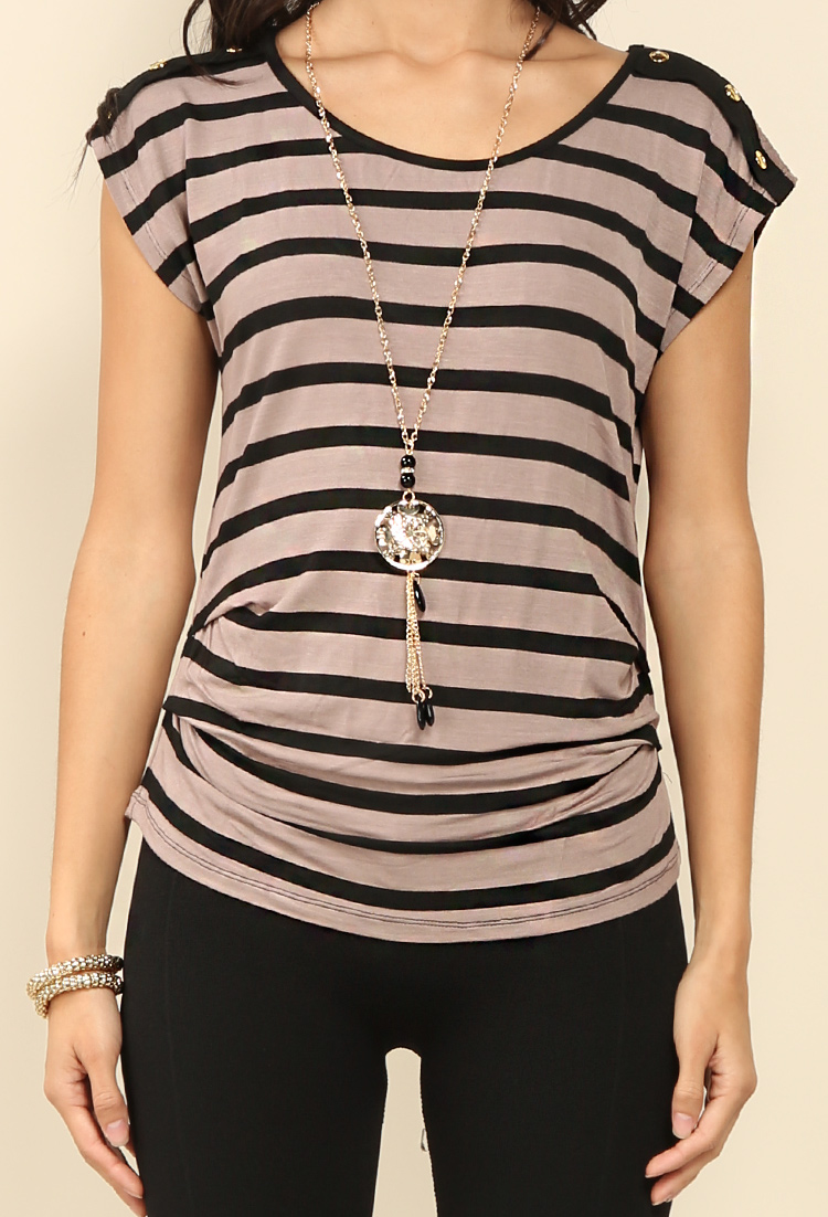 Striped Button Accented Top W/ Necklace