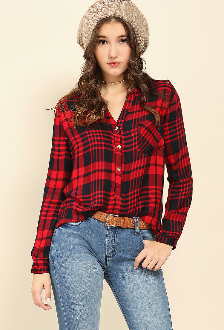 Plaid Flannel Roll-Up Sleeve Blouse