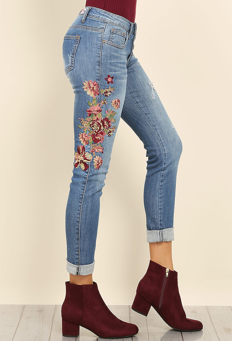 Floral Embroidered Button-Up Jeans