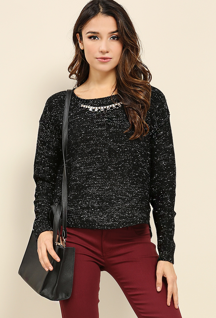 Speckled Metallic Knit Sweater W/Necklace