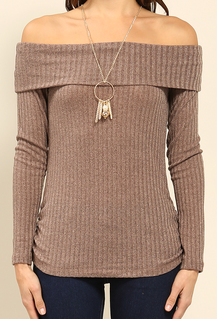 Off-The-Shoulder Knit Top W/Necklace