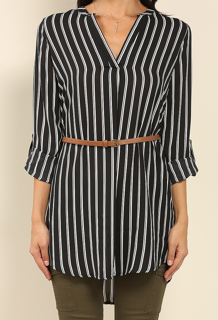 Striped V-Neck Short Dress W/Belt