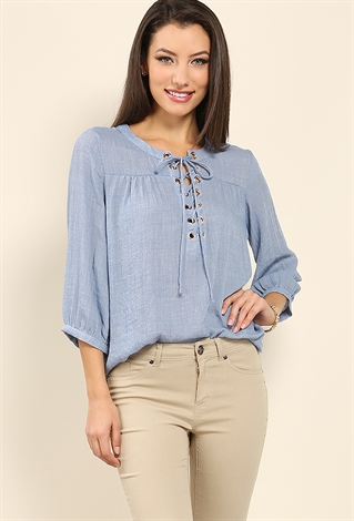 Lace-Up Collarless Blouse