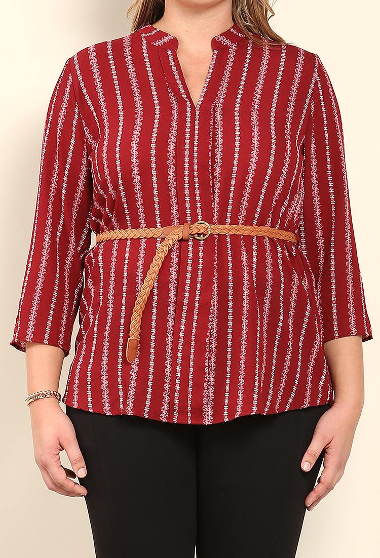 Plus Size Belted Abstract Print Top