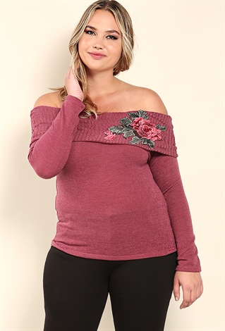 Plus Size Rose Embroidered Off-The-Shoulder Top