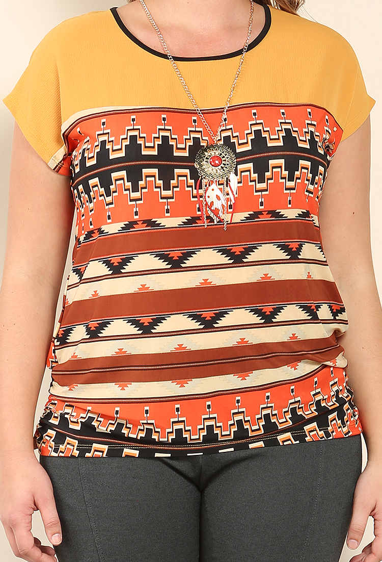 Plus Size Ruched Tribal Print Top W/ Necklace