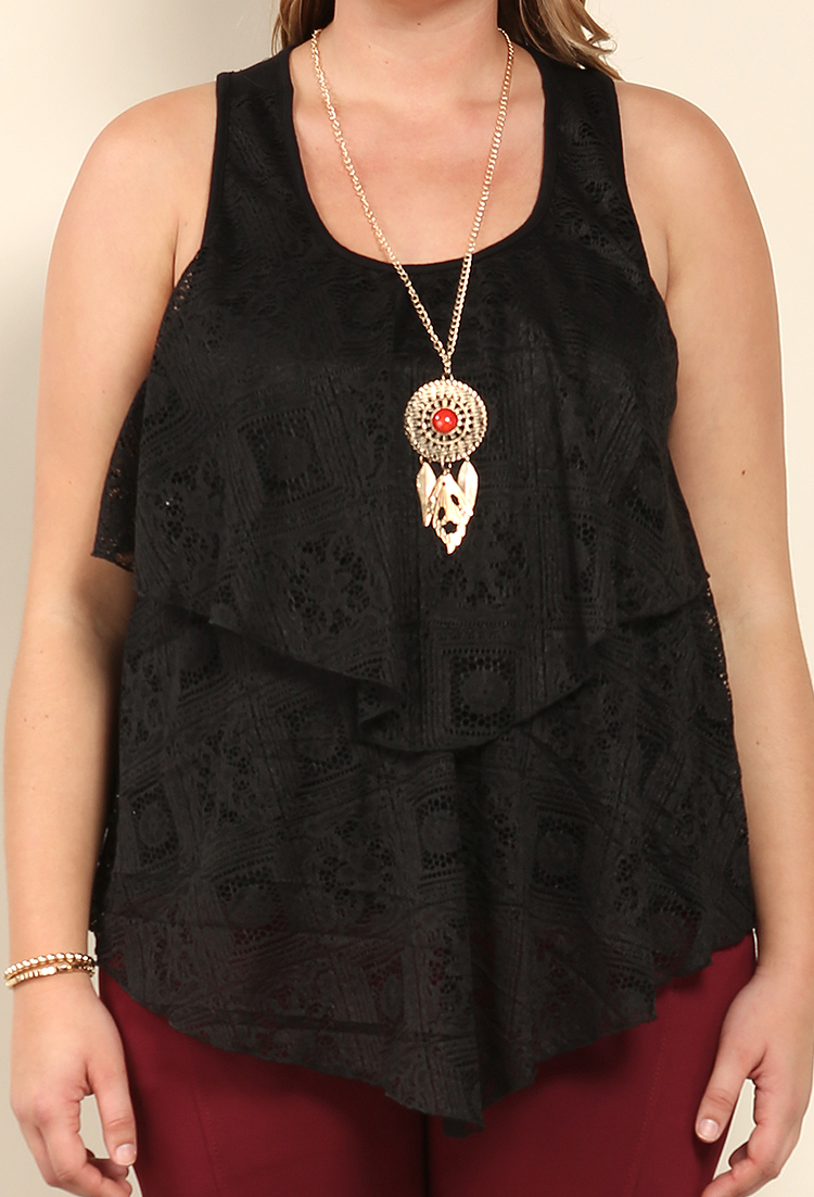 Plus Size Lace Overlay Top W/ Necklace