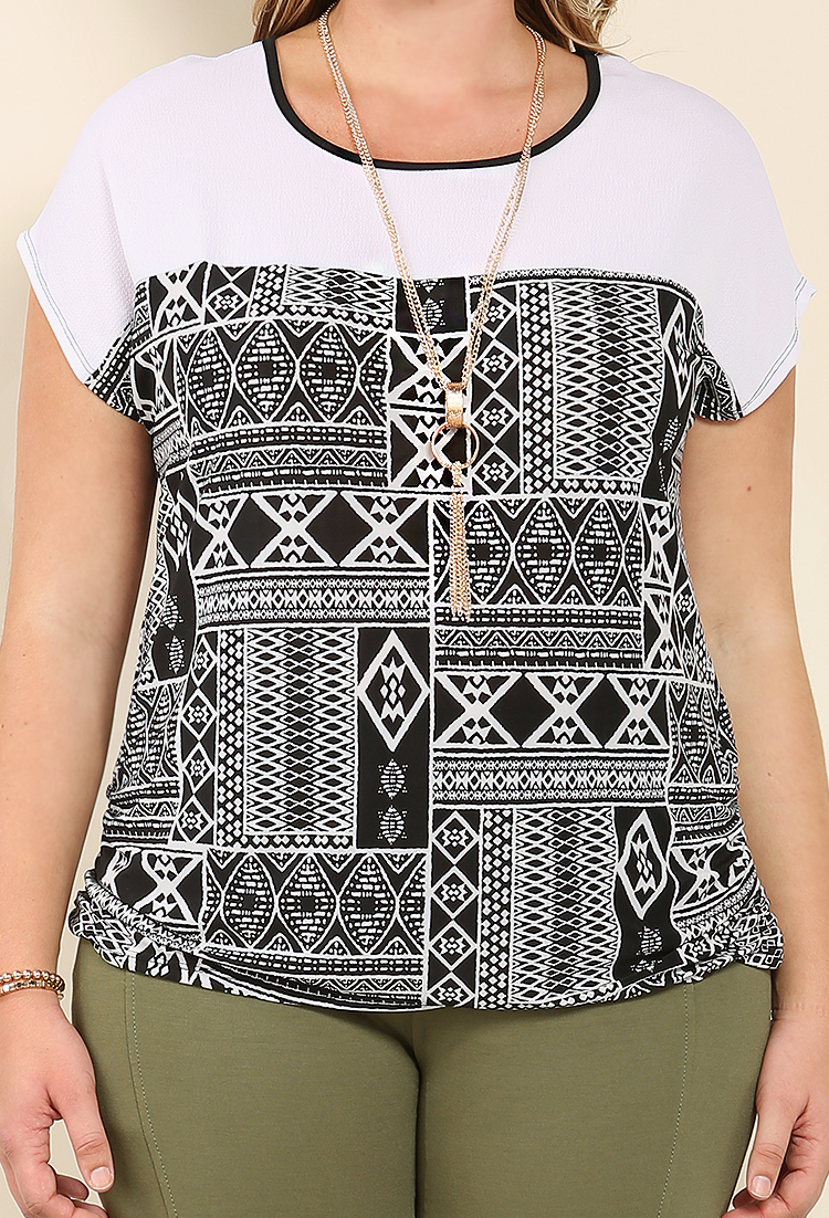 Abstract Print Blouse W/Necklace