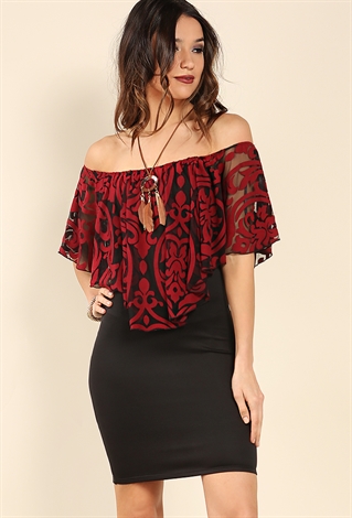 Printed Off-The-Shoulder Flounce Dress W/ Necklace 