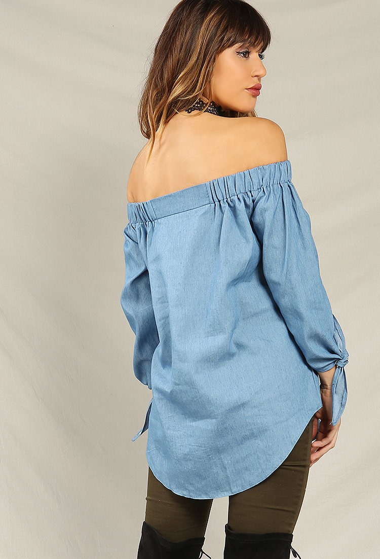 Chambray Off-The-Shoulder Self-Tie Tunic