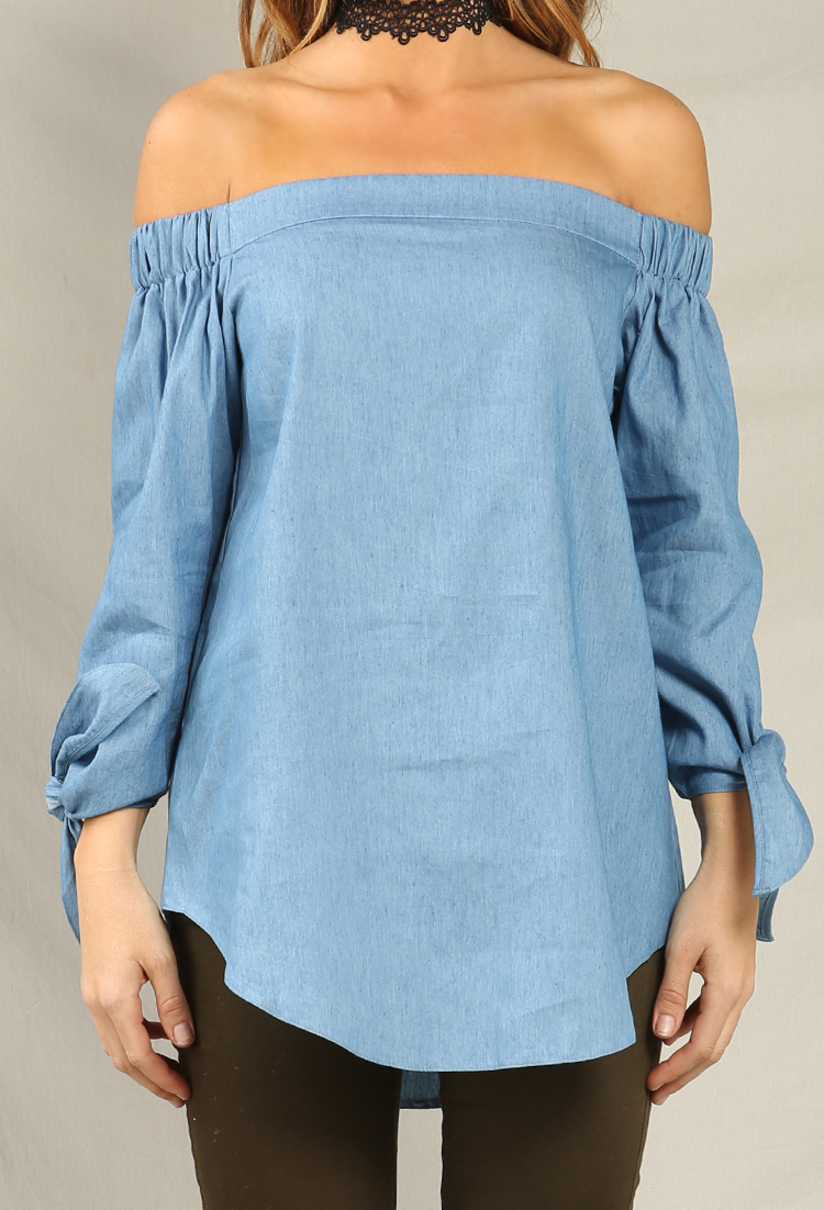Chambray Off-The-Shoulder Self-Tie Tunic