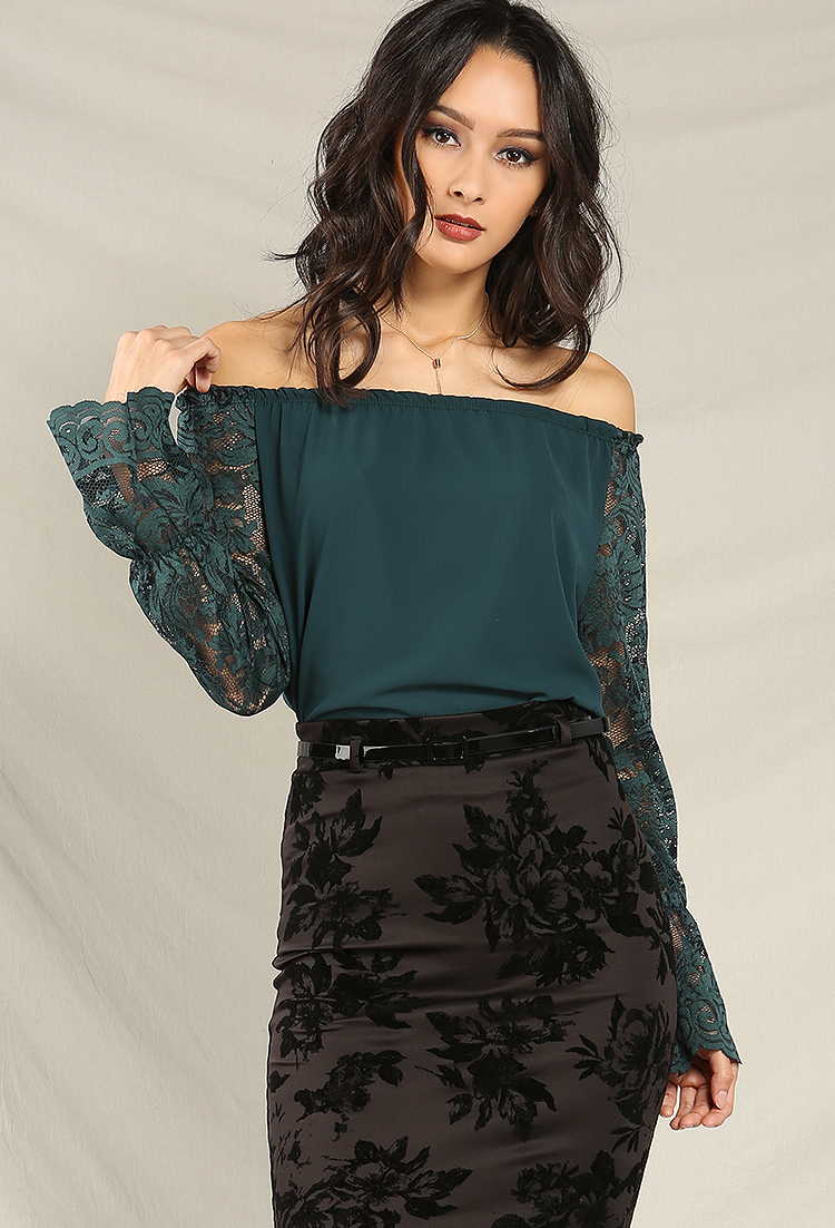 Off-The-Shoulder Floral Lace Bell-Sleeve Top