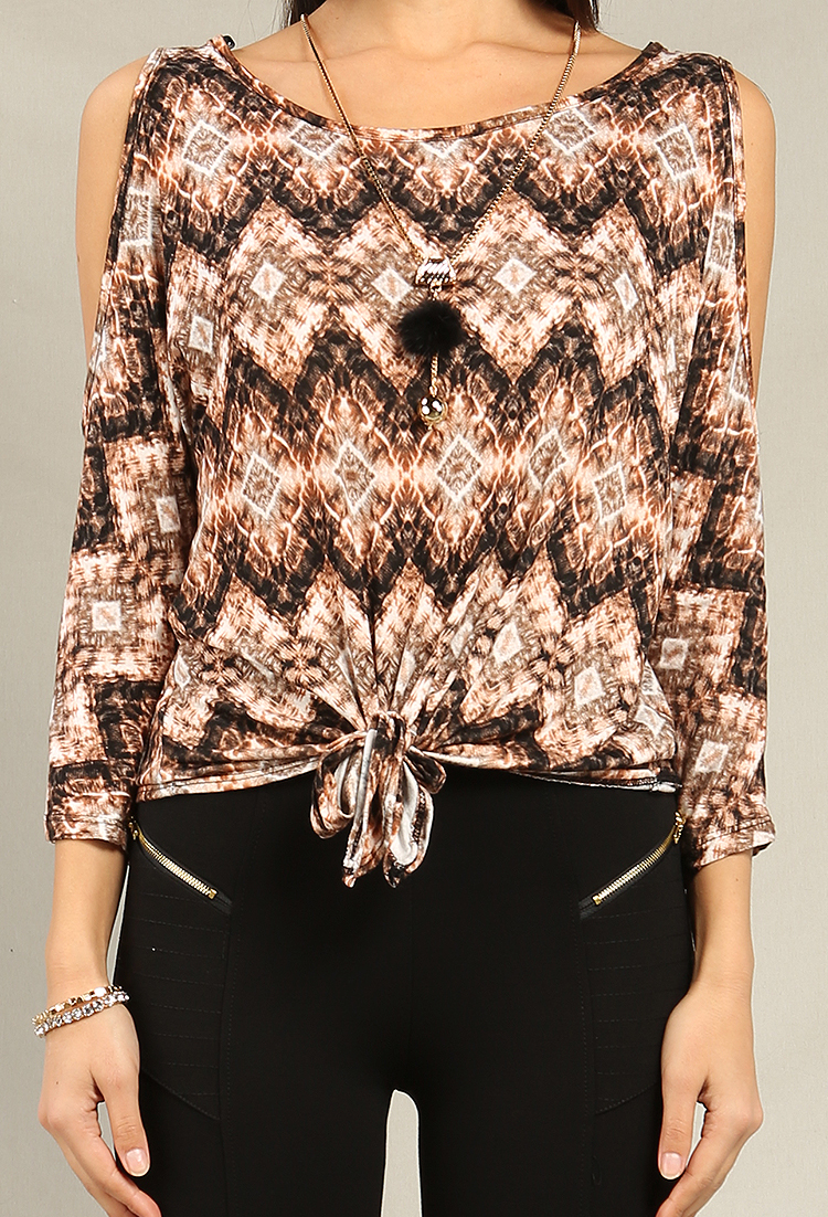 Printed Tie-Front Top W/ Necklace