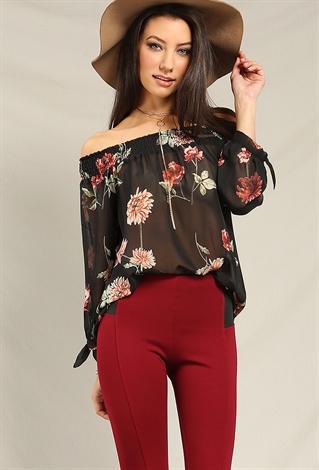 Self-Tie Floral Off-The-Shoulder Chiffon Top 