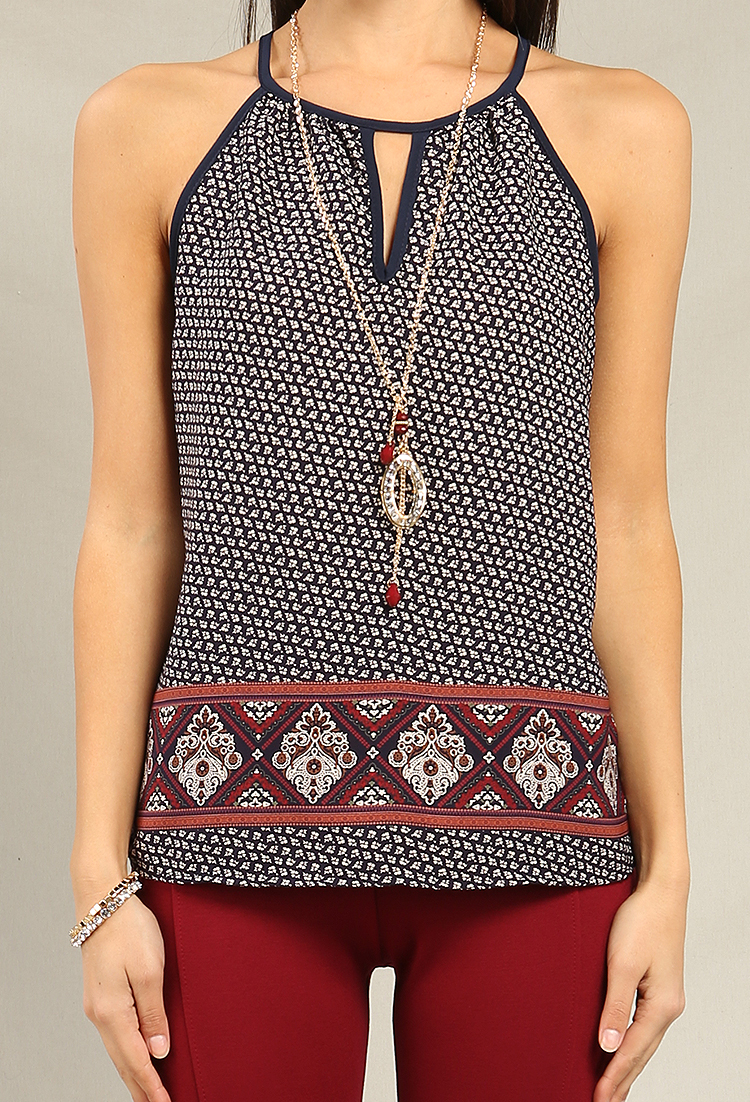 Ornate Print Top W/ Necklace