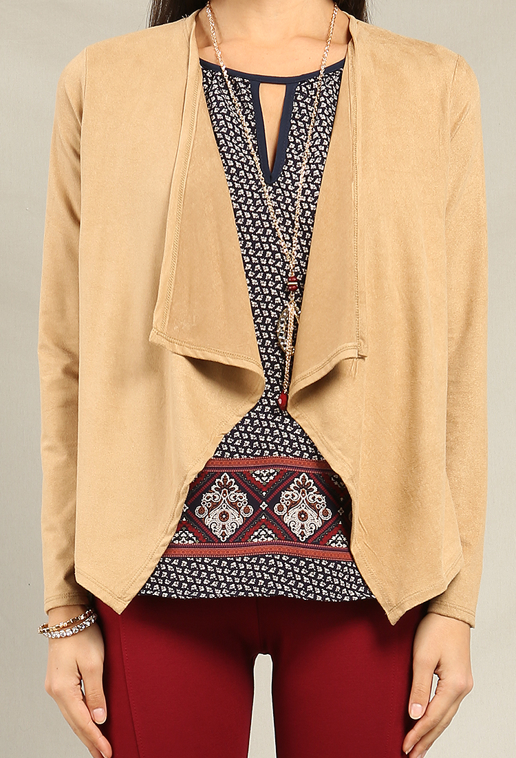 Faux Suede Open-Front Cardigan