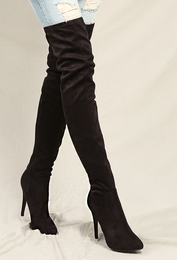 Pointed Faux Suede Thigh High Boots