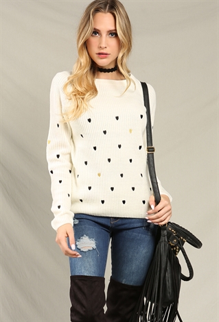 Embroidered Heart Knit Sweater