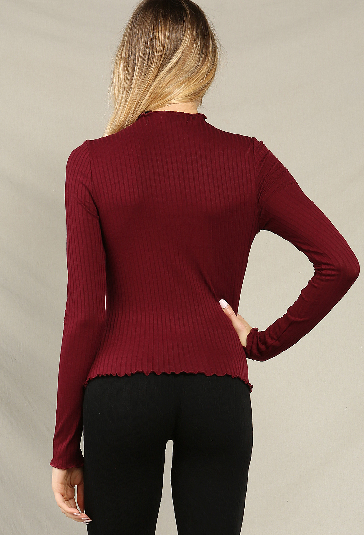 Ribbed Ruffle-Trimmed High Neck Top