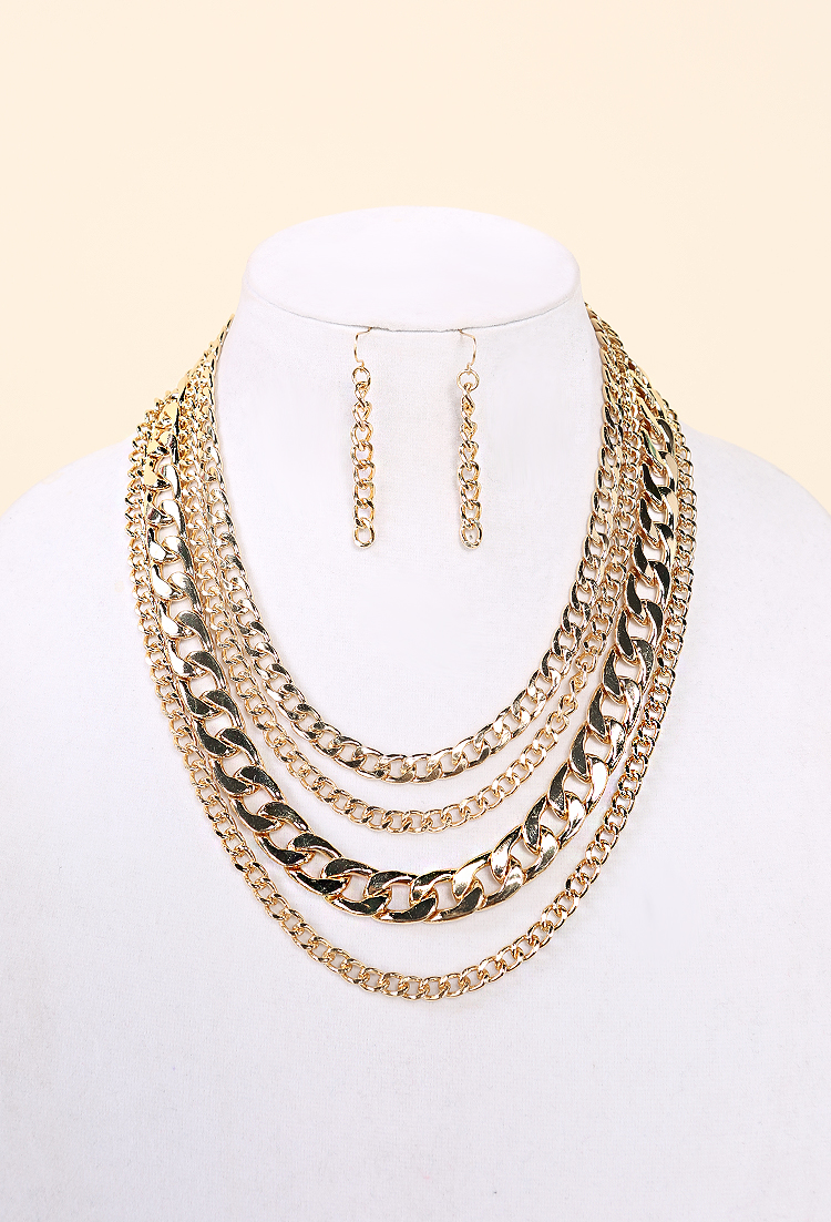 Layered Chain Link Necklace Earring Set