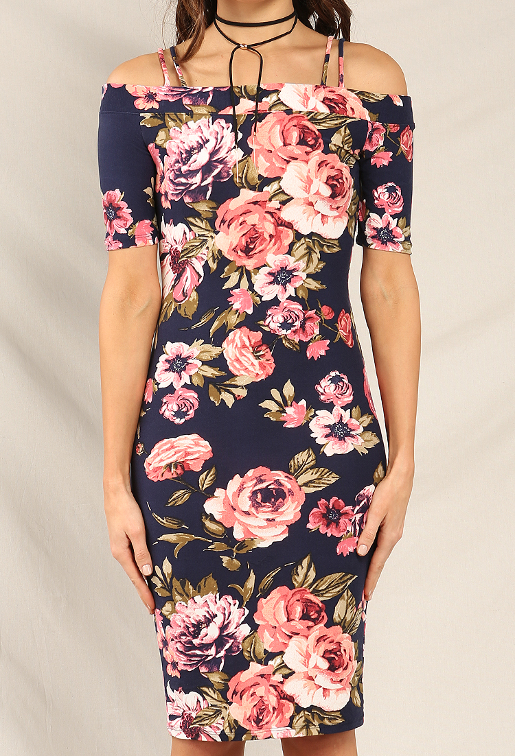 Floral Print Open-Shoulder Midi Dress