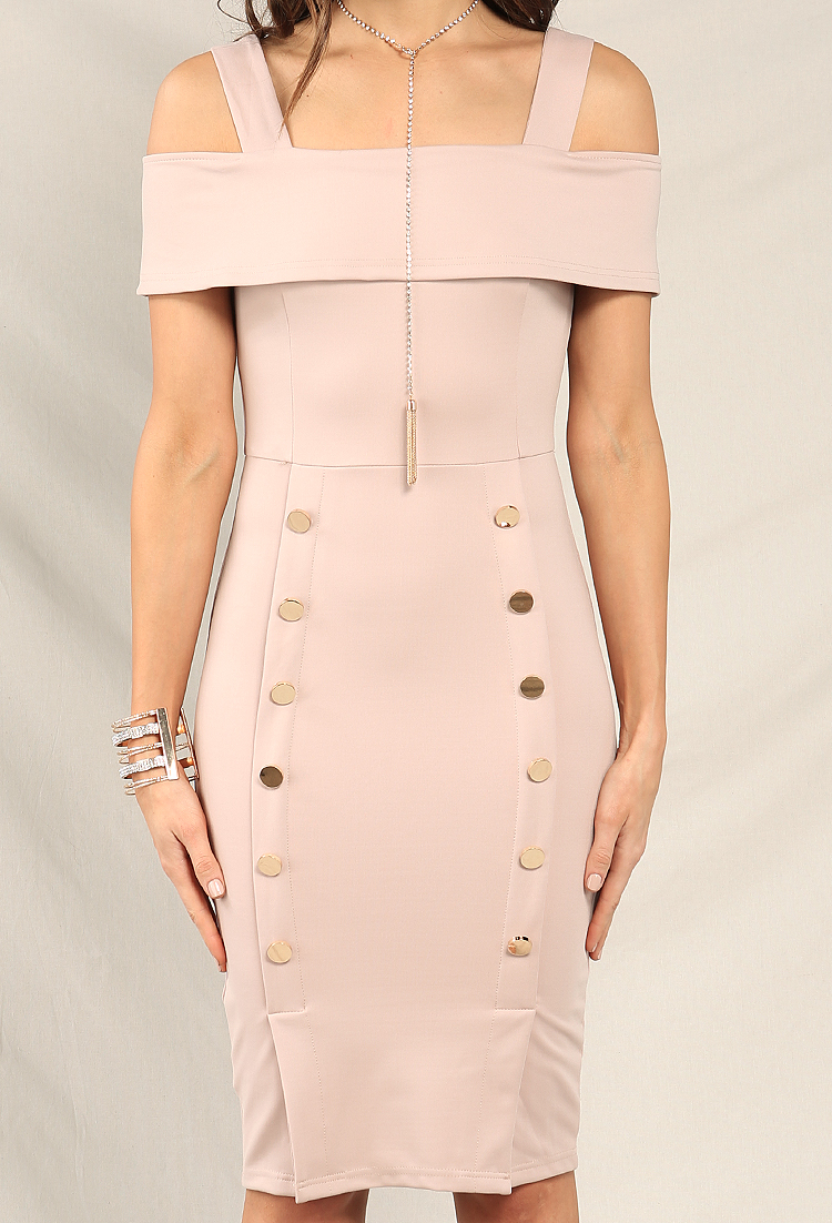 Buttoned Open-Shoulder Flounce Midi Dress