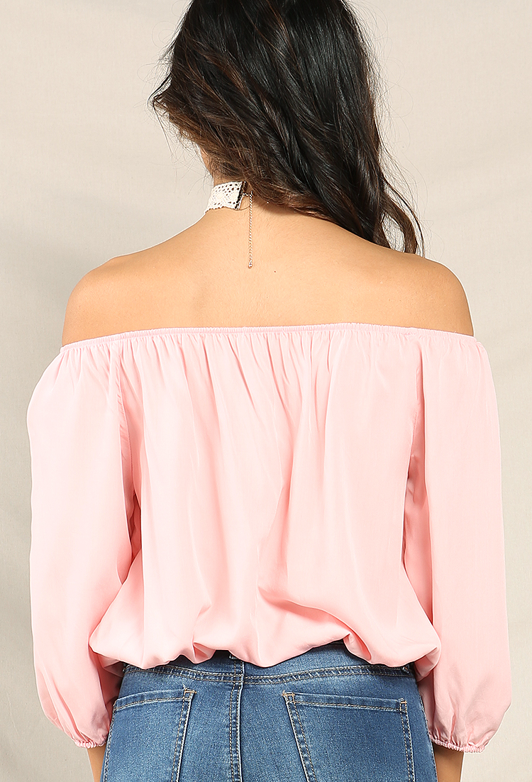 Self-Tie Off-The-Shoulder Button Detail Top