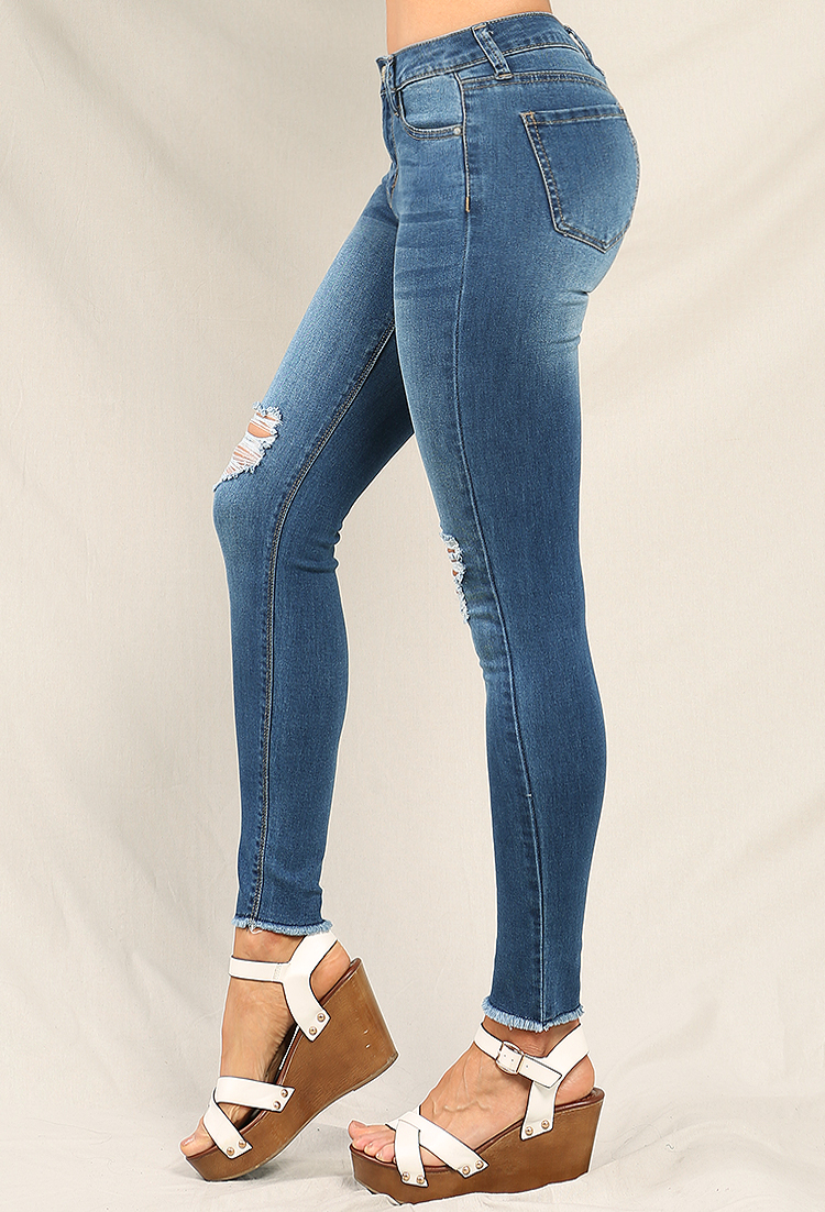 Distressed High-Waist Raw-Hem Skinny Jeans
