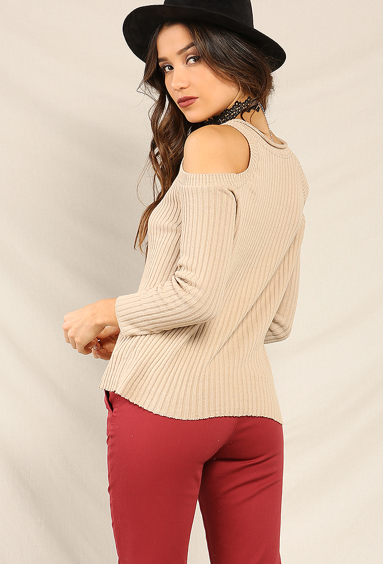 Ribbed Open-Shoulder Knit Sweater