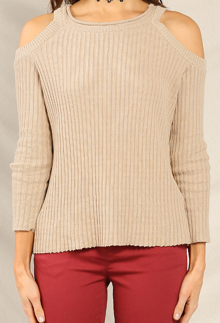 Ribbed Open-Shoulder Knit Sweater