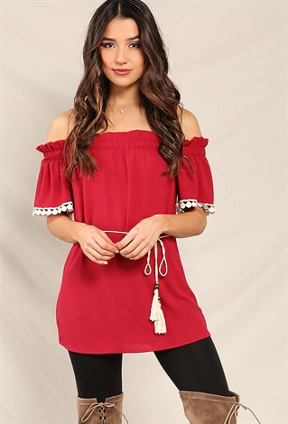 Crochet Trimmed Off-The-Shoulder Self-Tie Tunic