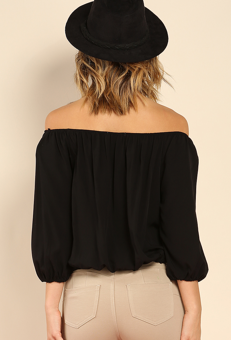 Self-Tie Off-The-Shoulder Button Detail Top
