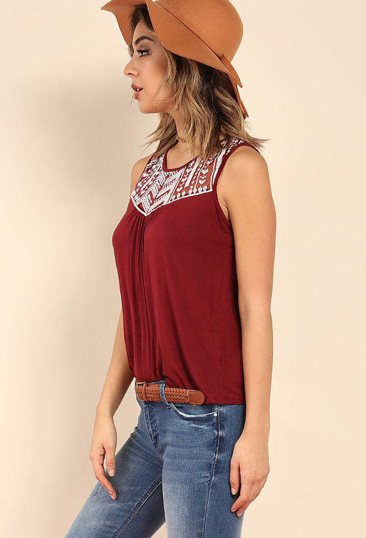 Embroidered Mesh Peasant Tank