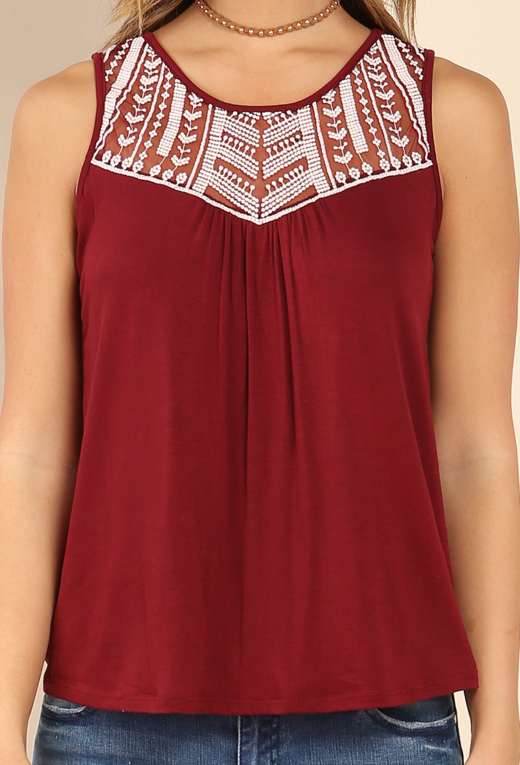 Embroidered Mesh Peasant Tank