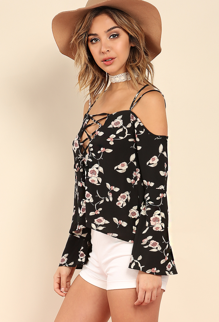 Bell-Sleeved Floral Strappy Lace-Up Top