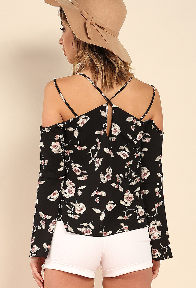 Bell-Sleeved Floral Strappy Lace-Up Top