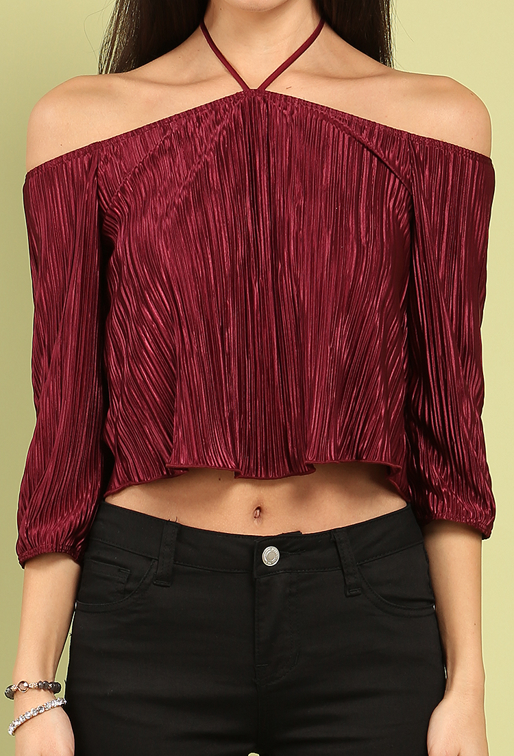 Accordion-Pleated Off-The-Shoulder Halter Top
