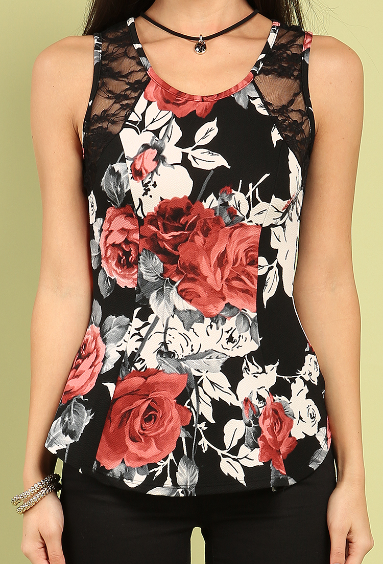 Lace-Paneled Floral Peplum Top W/ Necklace