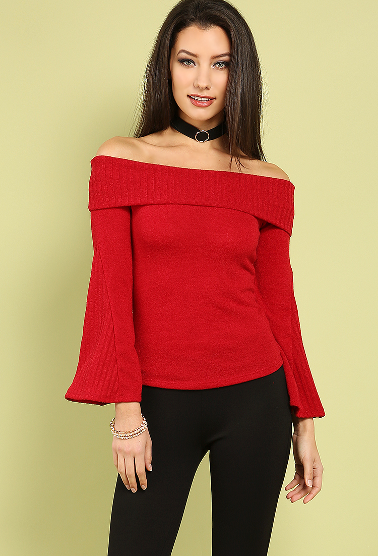 Bell-Sleeved Off-The-Shoulder Top W/ Choker 