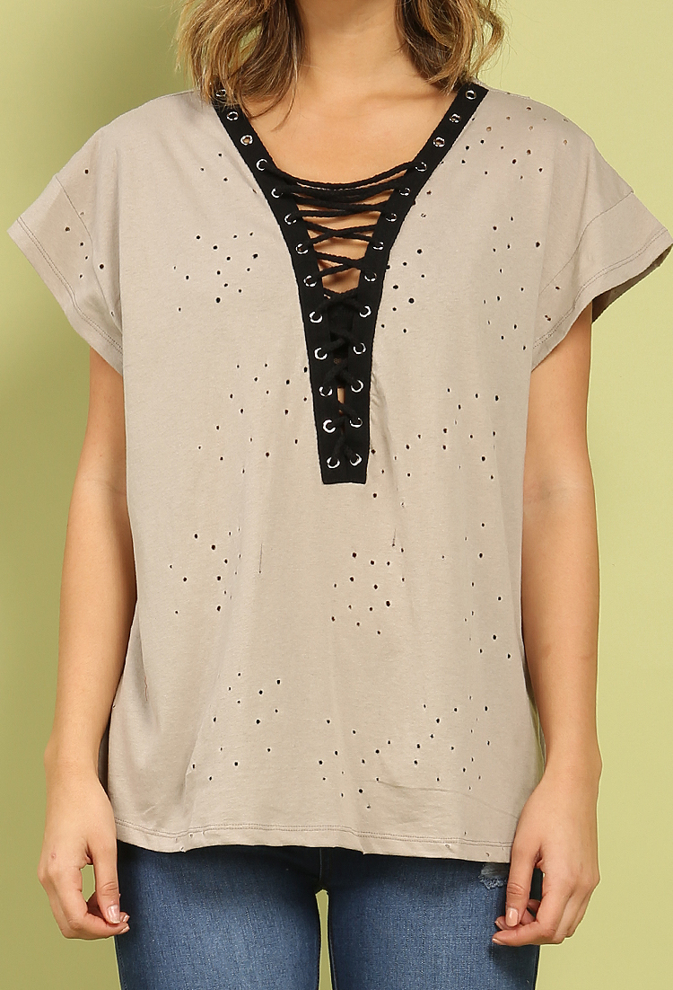 Distressed Lace-Up Boxy Top