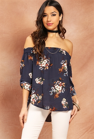 Floral Off-The-Shoulder Roll-Up Sleeve Top