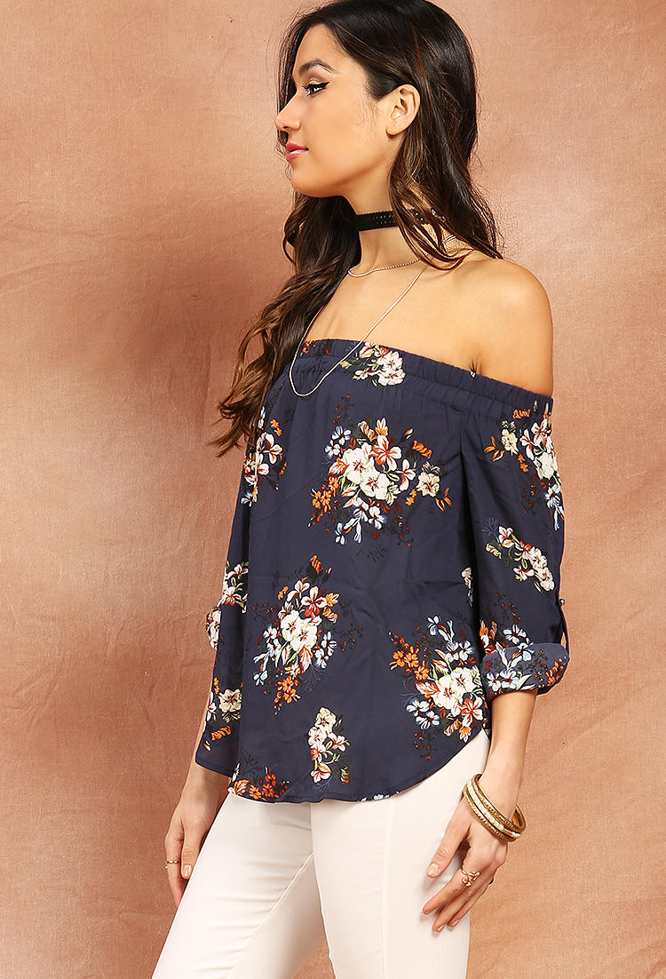 Floral Off-The-Shoulder Roll-Up Sleeve Top