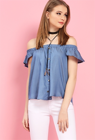 Chambray Button Detail Off-The-Shoulder Top